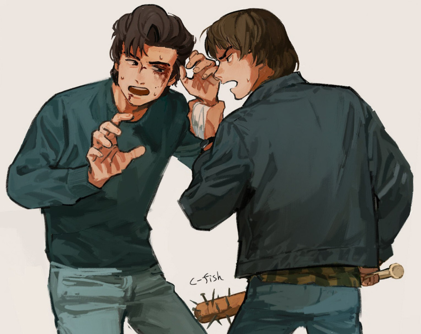 2boys, baseball_bat, blood, blue_jacket, blue_shirt, brown_hair, c-fish, commentary_request, highres, holding, holding_baseball_bat, injury, jacket, jonathan_byers, male_focus, multiple_boys, shirt, short_hair, steve_harrington, stranger_things