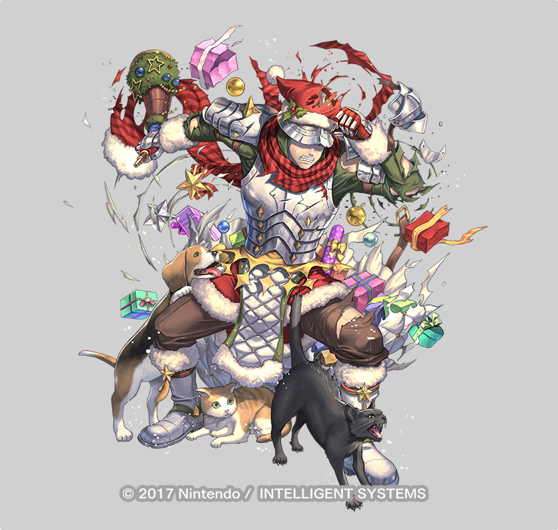 1boy, armor, battle_damage, boots, brown_pants, cat, christmas_ornaments, claws
