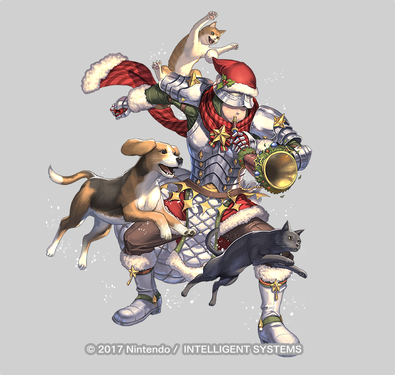 1boy, armor, blowing_horn, boots, brown_pants, cat, christmas_ornaments, claws