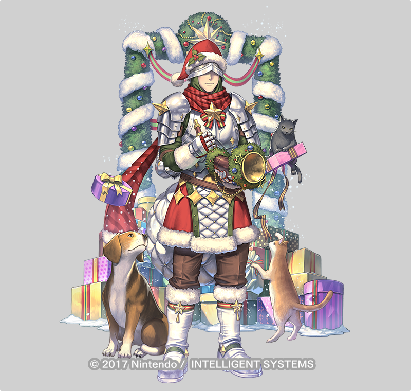 1boy, armor, boots, box, brown_pants, cat, christmas, christmas_ornaments