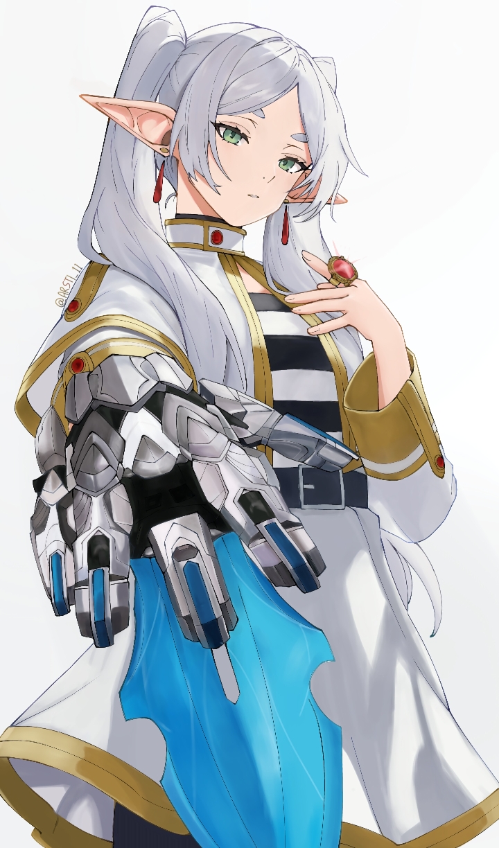 1girl, arsti_11, belt, black_pantyhose, black_shirt, capelet, earrings, elf