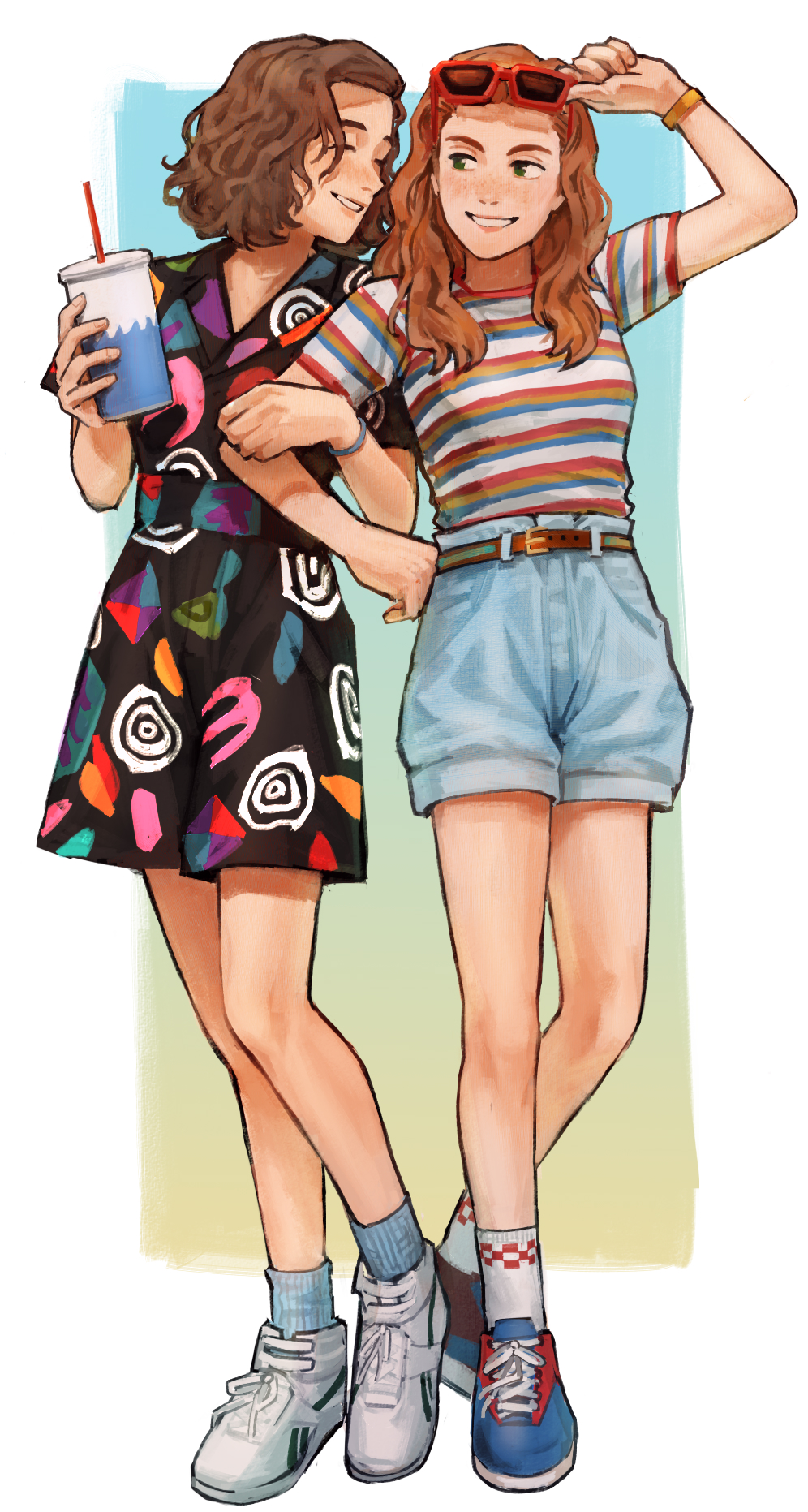 2girls, brown_hair, c-fish, closed_eyes, commentary_request, dress, eleven_(stranger_things), eyewear_on_head
