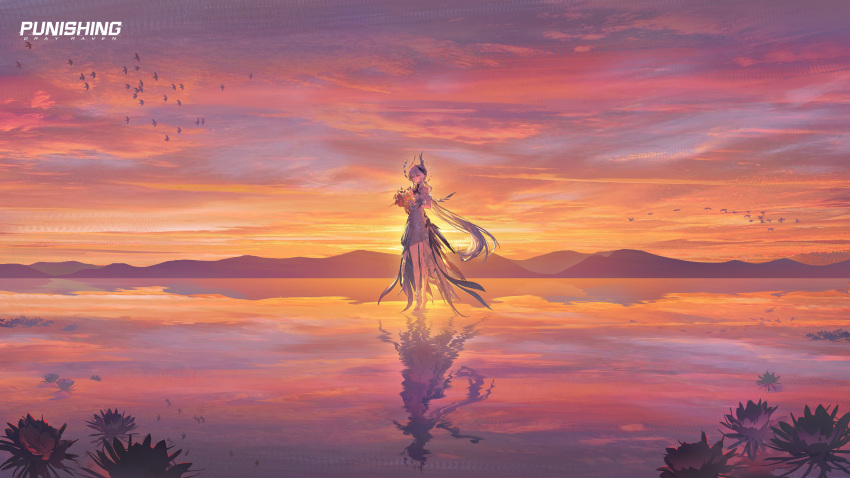 1girl, absurdres, ankle_cuffs, body_markings, bouquet, clouds, copyright_name, floating_headgear