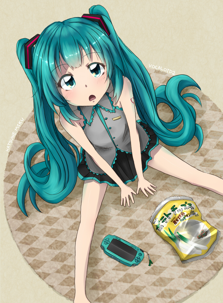aqua_eyes, aqua_hair, from_above, hatsune_miku, kadomaki_shinnosuke, long_hair, looking_up, open_mouth