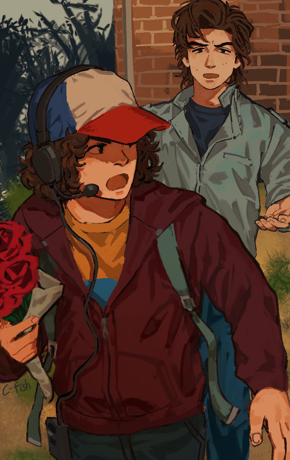 2boys, baseball_cap, blue_shirt, bouquet, brown_hair, c-fish, dustin_henderson, hat
