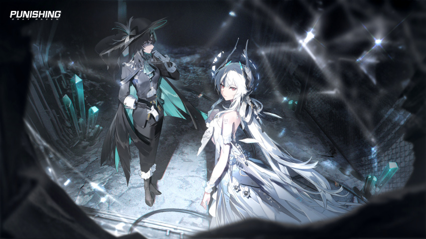 2girls, absurdres, aqua_ascot, aqua_hair, aqua_pupils, ascot, barbed_wire, black_eyes