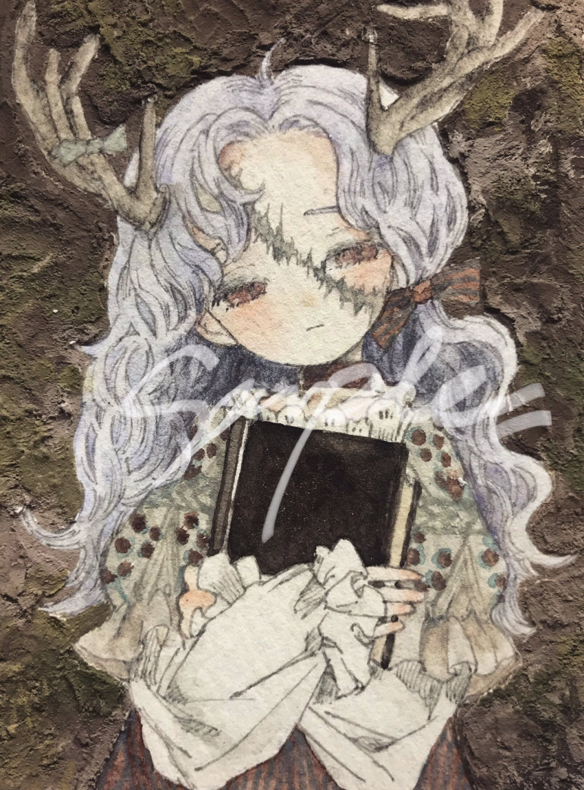 1girl, acrylic_paint_(medium), antlers, blouse, blush, book, bow, brown_eyes, brown_skirt, closed_eyes, closed_mouth, commentary, dark_skin, expressionless, frills, hair_bow, hair_ornament, hands_on_own_chest, highres, holding, holding_book, horns, karintoun, long_hair, long_sleeves, original, painting_(medium), polka_dot, portrait, puffy_sleeves, sample_watermark, scar, shirt, skirt, straight-on, traditional_media, upper_body, watercolor_(medium), watermark, wavy_hair, white_hair
