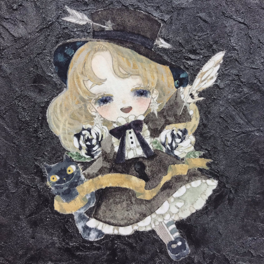 1girl, acrylic_paint_(medium), arrow_(projectile), black_background, black_cat, black_dress, blonde_hair, blue_eyes, blunt_bangs, blush, bow, cat, chibi, darkness, dress, feathers, flower, frilled_dress, frills, full_body, happy, hat, highres, holding, holding_feather, karintoun, long_hair, long_sleeves, looking_at_viewer, open_mouth, original, painting_(medium), ribbon, rose, smile, solo, standing, straight-on, striped_clothes, striped_sleeves, striped_thighhighs, stuffed_animal, stuffed_toy, thigh-highs, traditional_media, victorian, watercolor_(medium), wavy_hair, yellow_bow
