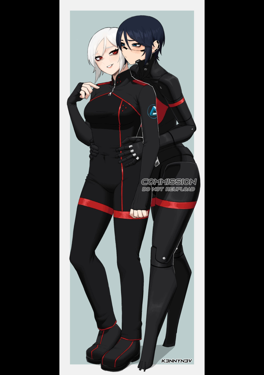 2girls, absurdres, android, ariane_yeong, artist_name, black_bodysuit, black_hair, black_shoes, blue_eyes, blush, bodysuit, commentary, commission, digitigrade, elster_(signalis), english_commentary, hands_on_another's_waist, highres, k3nnyn3v, multiple_girls, penrose_triangle, red_eyes, shoes, short_hair, signalis, white_hair, yuri