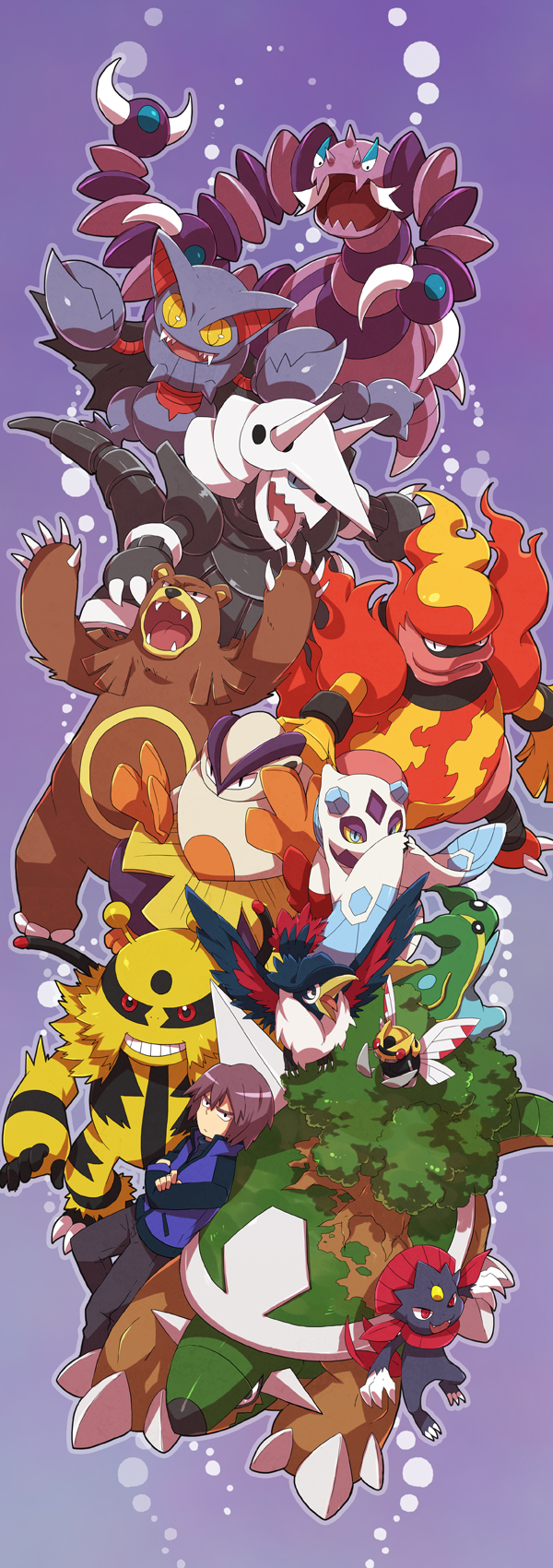 1boy, aggron, arms_up, blue_eyes, blue_shirt, blue_vest, claws, closed_mouth, colored_sclera, crossed_arms, drapion, electivire, fangs, froslass, gastrodon, gastrodon_(east), gliscor, grey_pants, hariyama, highres, honchkrow, horns, lips, long_sleeves, magmortar, ninjask, open_mouth, outline, pants, paul_(pokemon), pincers, pokemon, pokemon_(anime), pokemon_(creature), pokemon_dppt_(anime), purple_background, purple_hair, purple_outline, red_eyes, sensyanohanasi, shirt, short_hair, simple_background, skin_fangs, smile, spikes, teeth, third-party_source, tongue, torterra, tree, ursaring, vest, weavile, yellow_sclera