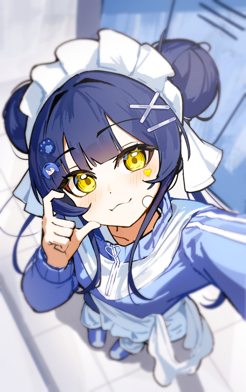 1girl, :3, absurdres, blue_jacket, blurry, blurry_background, blush, center-flap_bangs