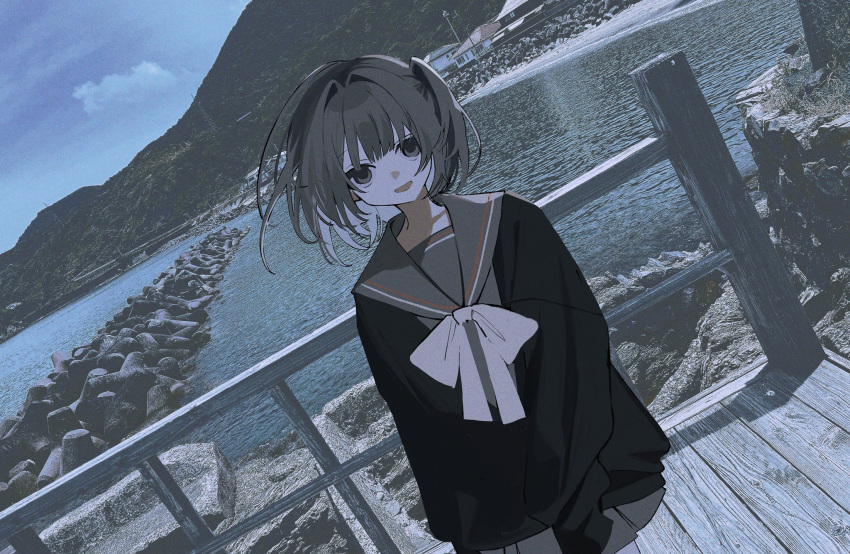 1girl, black_sweater, bow, bowtie, dutch_angle, fence, grey_eyes, grey_hair, grey_sailor_collar, grey_skirt, highres, open_mouth, original, outdoors, photo_background, sailor_collar, school_uniform, short_hair, si_(wooupp), skirt, sleeves_past_fingers, sleeves_past_wrists, smile, solo, sweater, water, white_bow, white_bowtie, wind