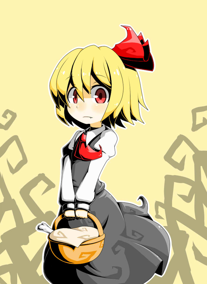 ascot, basket, blonde_hair, blush, bone, cloth, dress, dress_shirt