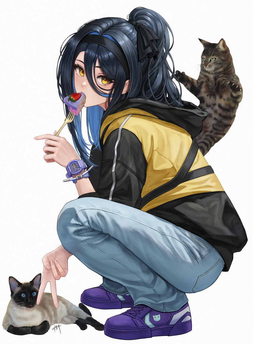 1girl, absurdres, animal, asymmetrical_bangs, black_hair, black_hairband, black_ribbon, cake, cake_slice, cat, colored_inner_hair, colorpoint_(pattern), commentary_request, denim, eruthu, food, food_in_mouth, fork, from_side, fruit, gangzi_(vtuber), hair_between_eyes, hair_ribbon, hairband, hand_up, highres, holding, holding_fork, hood, hood_down, hooded_jacket, jacket, jeans, korean_commentary, long_bangs, long_hair, long_sleeves, looking_at_viewer, looking_to_the_side, multicolored_hair, multicolored_jacket, pants, ponytail, purple_shoes, ribbon, shoes, siamese_cat, simple_background, sneakers, solo, squatting, stellive, strawberry, turning_head, two-tone_jacket, v, virtual_youtuber, watch, watch, white_background, yellow_eyes