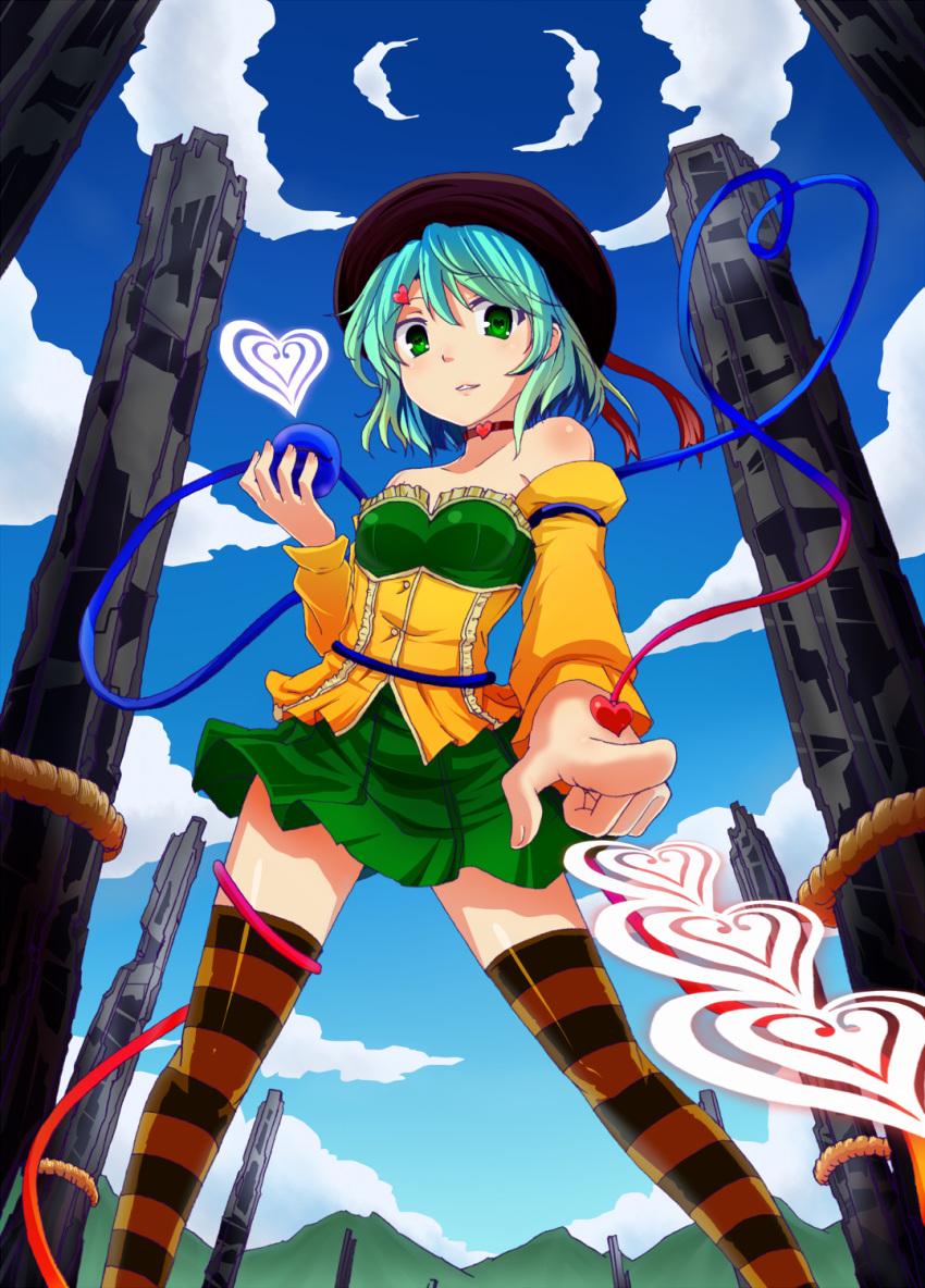 bare_shoulders, byoubyou, choker, cloud, clouds, detached_sleeves, foreshortening, hat