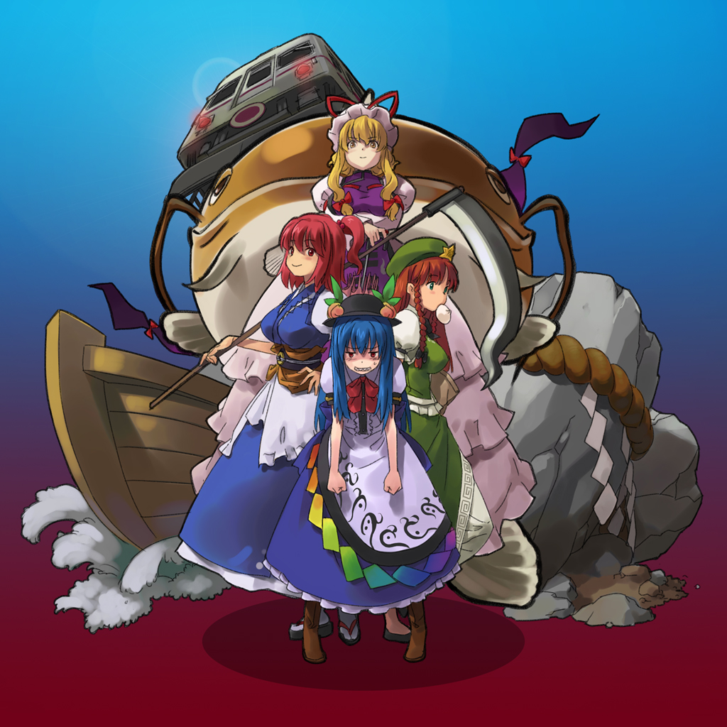 blue_hair, boat, breast_envy, food, fruit, gap, green_eyes, hat