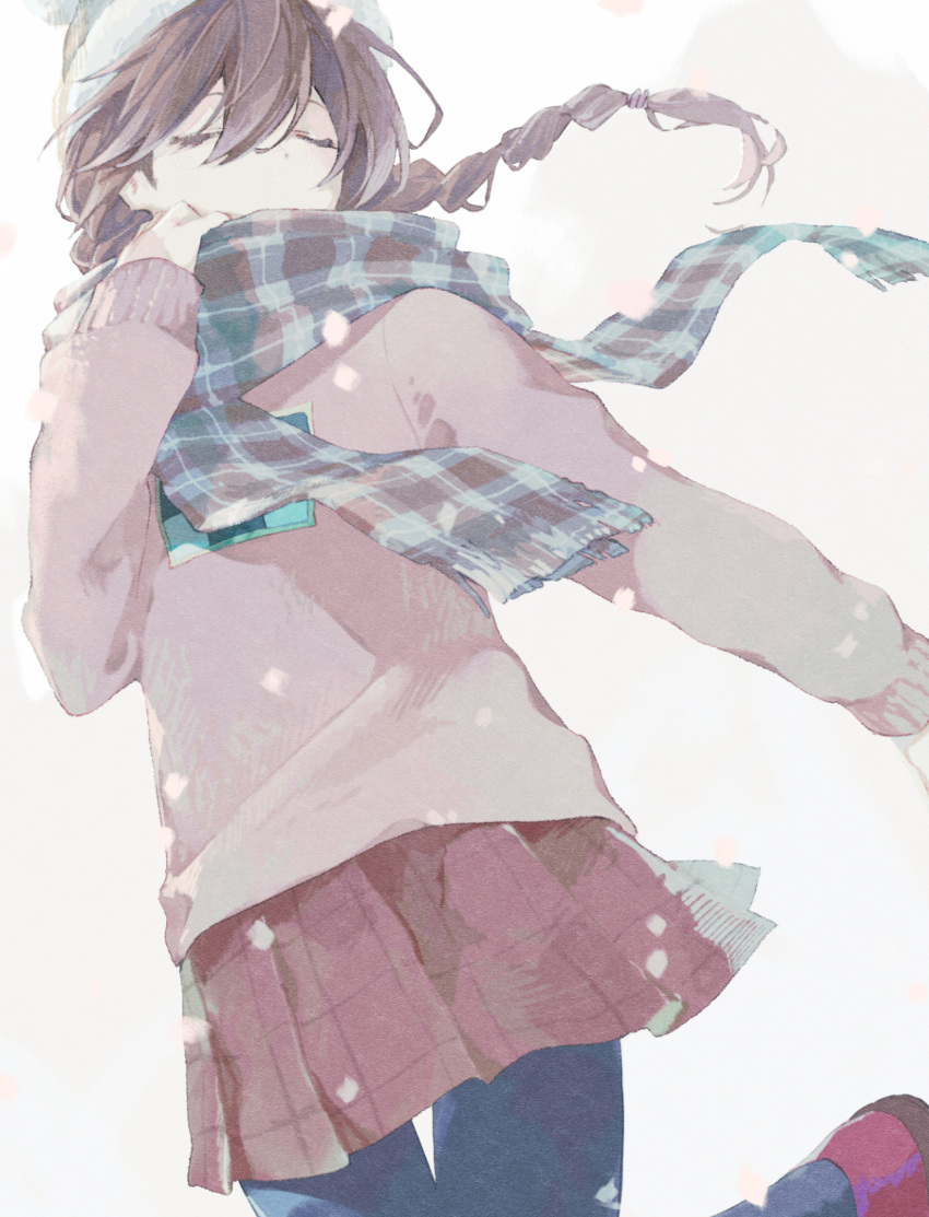 1girl, black_pantyhose, blue_scarf, braid, brown_hair, closed_eyes, commentary, fuyuki_eru