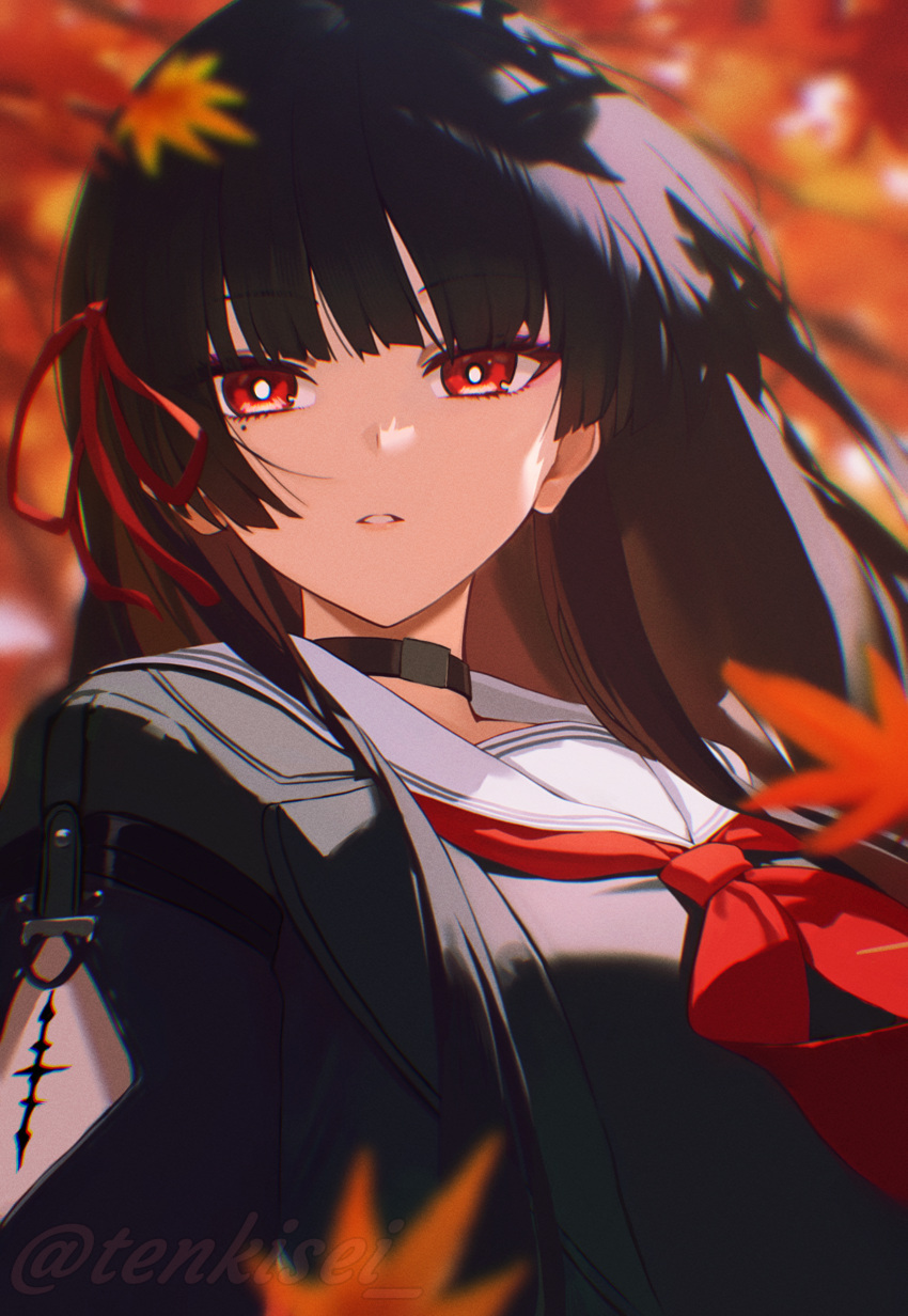 1girl, absurdres, arm_cutout, black_choker, black_hair, black_serafuku, black_shirt, chisa_(wuthering_waves), choker, clothing_cutout, commentary_request, hair_ribbon, highres, long_hair, long_sleeves, looking_at_viewer, mole, mole_under_eye, neckerchief, red_eyes, red_neckerchief, red_ribbon, ribbon, sailor_collar, school_uniform, serafuku, shirt, solo, tacet_mark_(wuthering_waves), tenkisei, white_sailor_collar, wuthering_waves