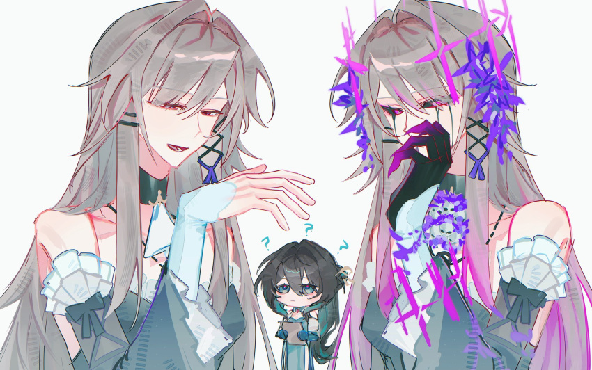 2girls, ?, ascot, bare_shoulders, black_hair, brown_hair, claws, crown