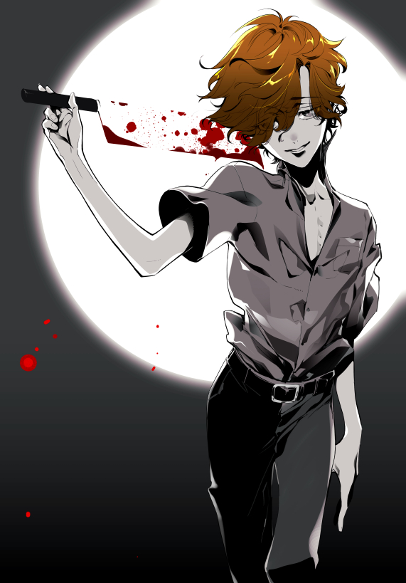 1boy, black_pants, blood, dark_background, higurashi_no_naku_koro_ni, higurashi_no_naku_koro_ni_rei, moon, orange_hair