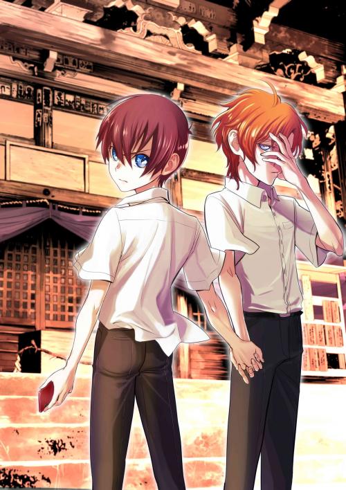 2boys, blue_eyes, brown_hair, cover, cover_page, higurashi_no_naku_koro_ni, higurashi_no_naku_koro_ni_rei, holding_hands