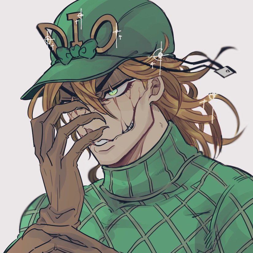 1boy, blonde_hair, brown_gloves, commentary_request, cracked_skin, diego_brando, glasgow_smile, gloves