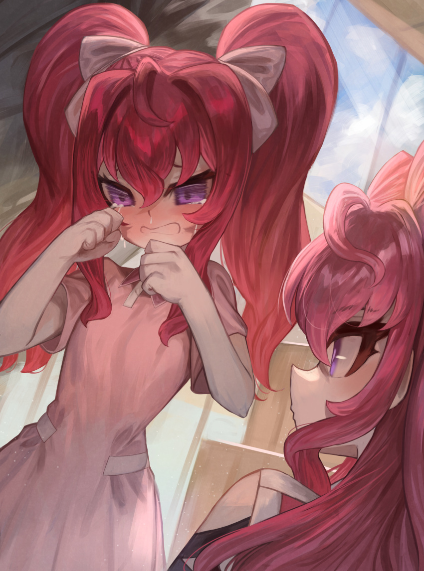 2girls, ahoge, blush, clenched_hands, commission, cross_ange_tr, crying, dress