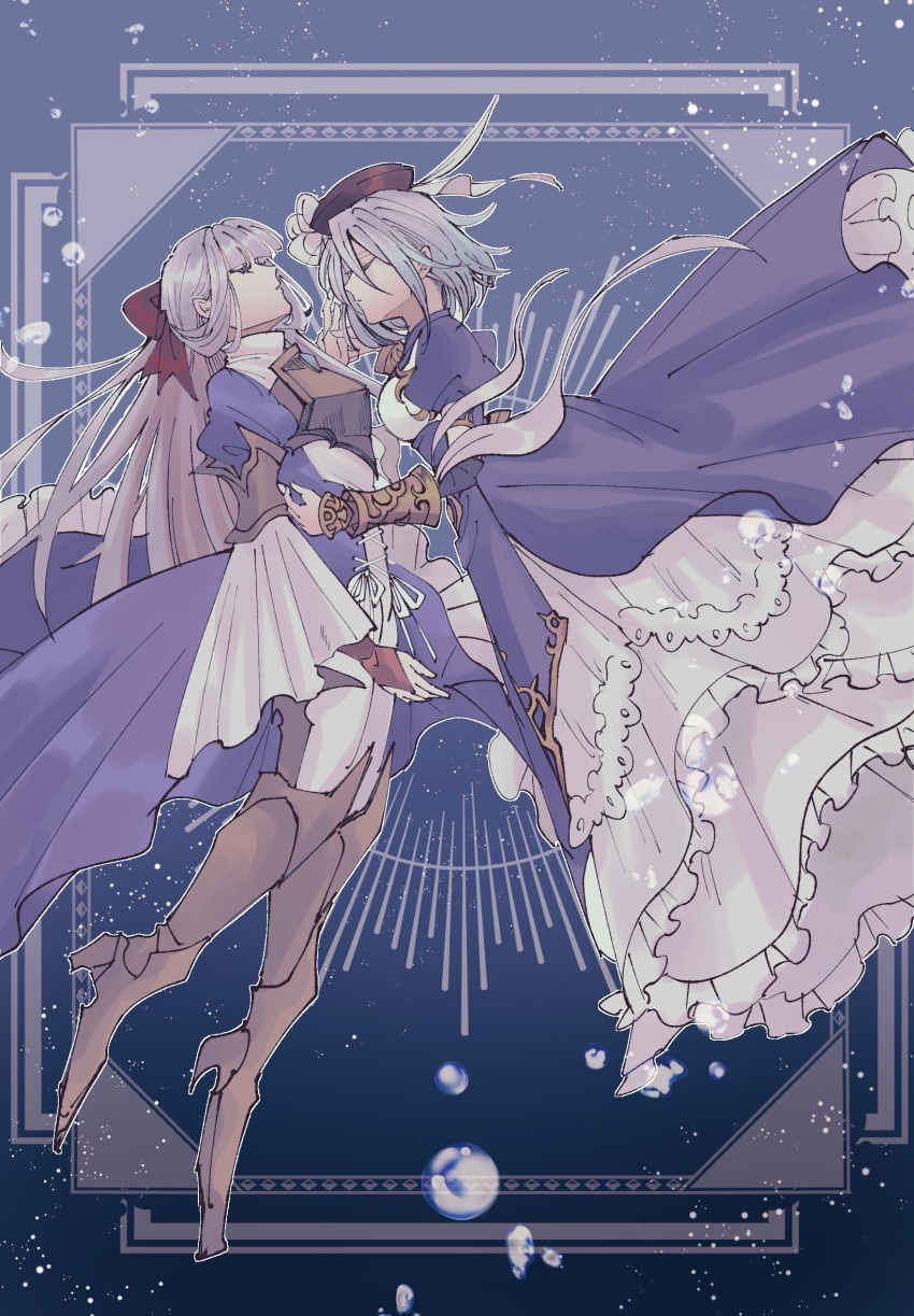 2girls, armor, boots, bow, breastplate, breasts, brown_hat, closed_eyes