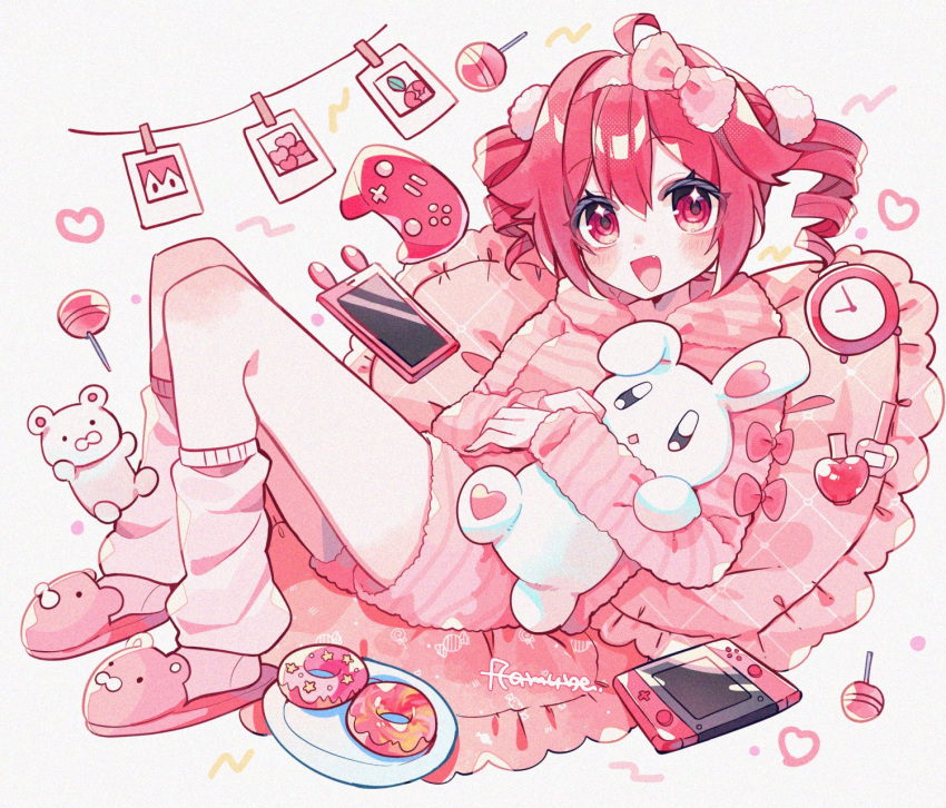 1girl, :d, ahoge, animal_slippers, bear_slippers, blush, bow, candy, cellphone, commentary, double-parted_bangs, drill_hair, fang, food, full_body, hair_between_eyes, hair_bow, handheld_game_console, heart, highres, holding, holding_stuffed_toy, hood, hood_down, hoodie, kasane_teto, lollipop, long_sleeves, loose_socks, open_mouth, phone, pillow, pink_hoodie, pink_shorts, pink_slippers, pink_socks, red_bow, red_eyes, red_hair, short_hair, short_shorts, shorts, sidelocks, signature, simple_background, sitting, sleeve_bow, slippers, smartphone, smile, socks, solo, striped_clothes, striped_hoodie, stuffed_animal, stuffed_rabbit, stuffed_toy, symbol-only_commentary, twin_drills, utau, white_background, yuusuke-kun