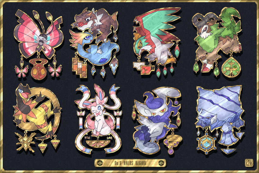 amaura, avalugg, badge, badge_(pokemon), black_background, bug_badge, character_charm, charm_(object), cliff_badge, commentary_request, english_text, fairy_badge_(pokemon_xy), gogoat, gold_border, hawlucha, heliolisk, iceberg_badge, kanna_(kan419_k), meowstic, meowstic_(female), plant_badge, poke_ball_symbol, pokemon, pokemon_(creature), pokemon_xy, psychic_badge, rumble_badge, sylveon, tyrunt, vivillon, vivillon_(meadow), voltage_badge