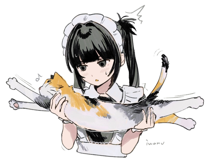 1girl, animal, apron, black_hair, blush, cat, cropped_torso, grey_eyes