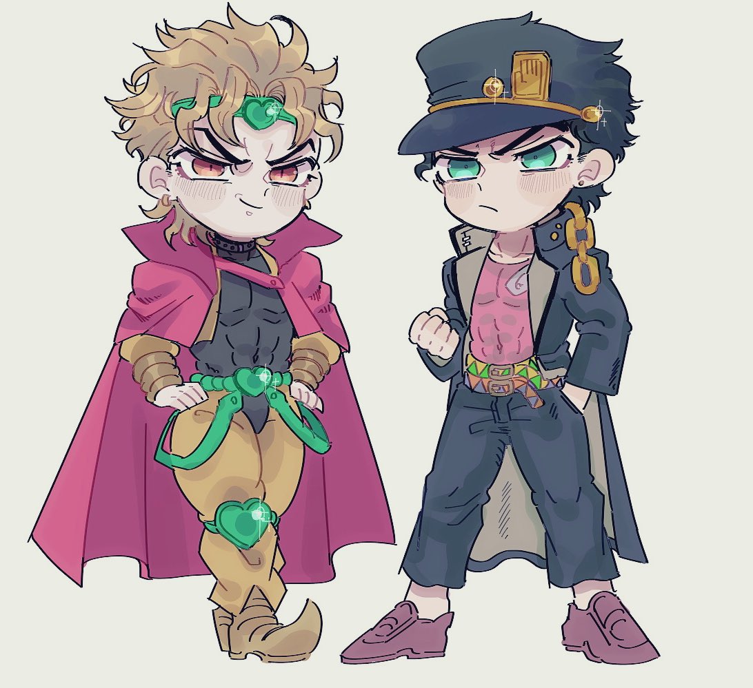 2boys, black_coat, black_hair, blonde_hair, cape, chain, clenched_hand, coat
