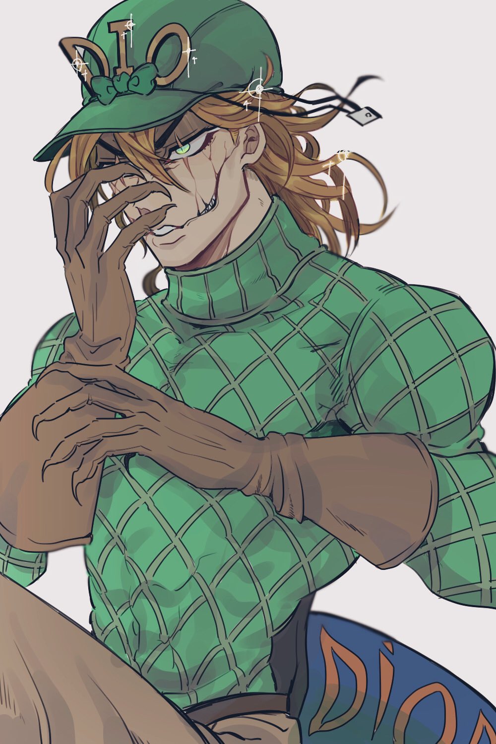 1boy, blonde_hair, brown_gloves, brown_pants, commentary_request, cracked_skin, diego_brando, dinosaur_tail