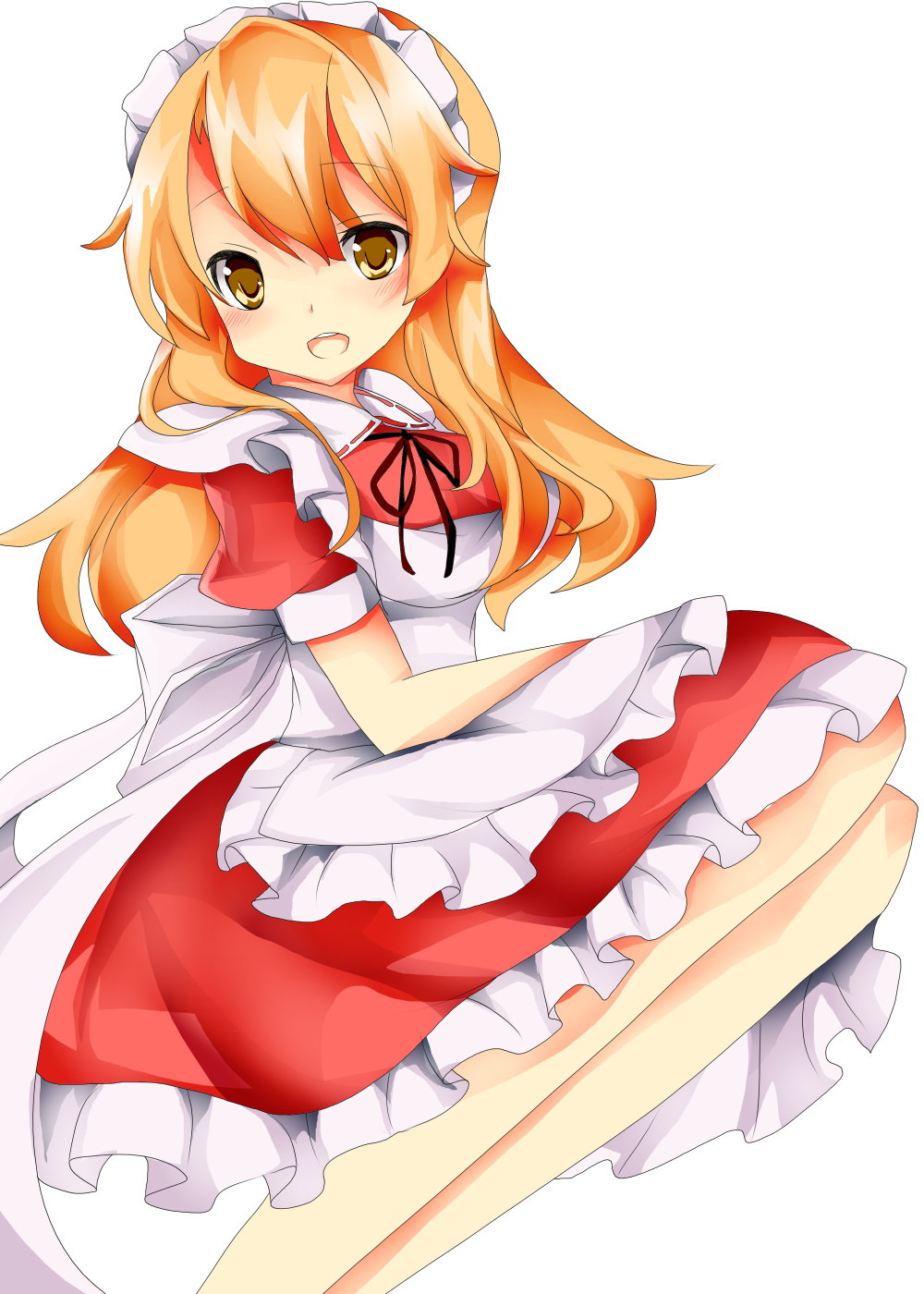 apron, blonde_hair, breasts, dress, highres, kotokura_imu, long_hair, maid, maid_headdress, solo, touhou, touhou_(pc-98), yellow_eyes, yumeko