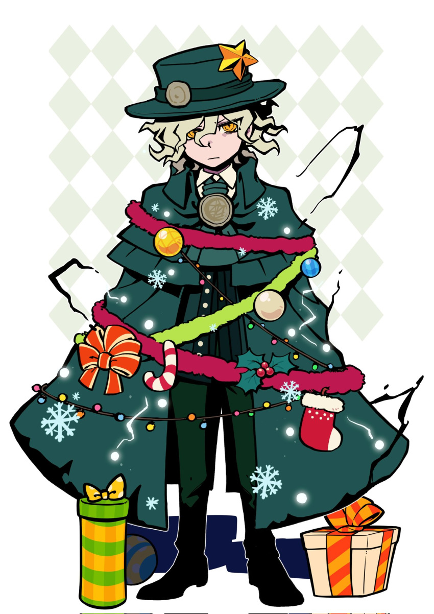 1boy, bow, candy, candy_cane, checkered_background, christmas_ornaments, cloak, commentary_request