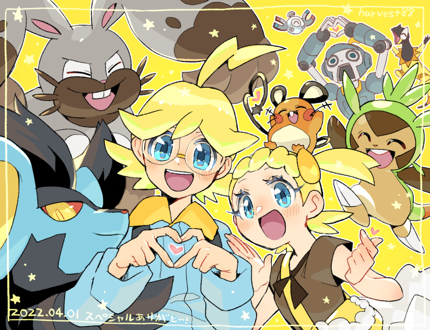 1boy, 1girl, ahoge, artist_name, bag, blonde_hair, blue_jumpsuit, blush