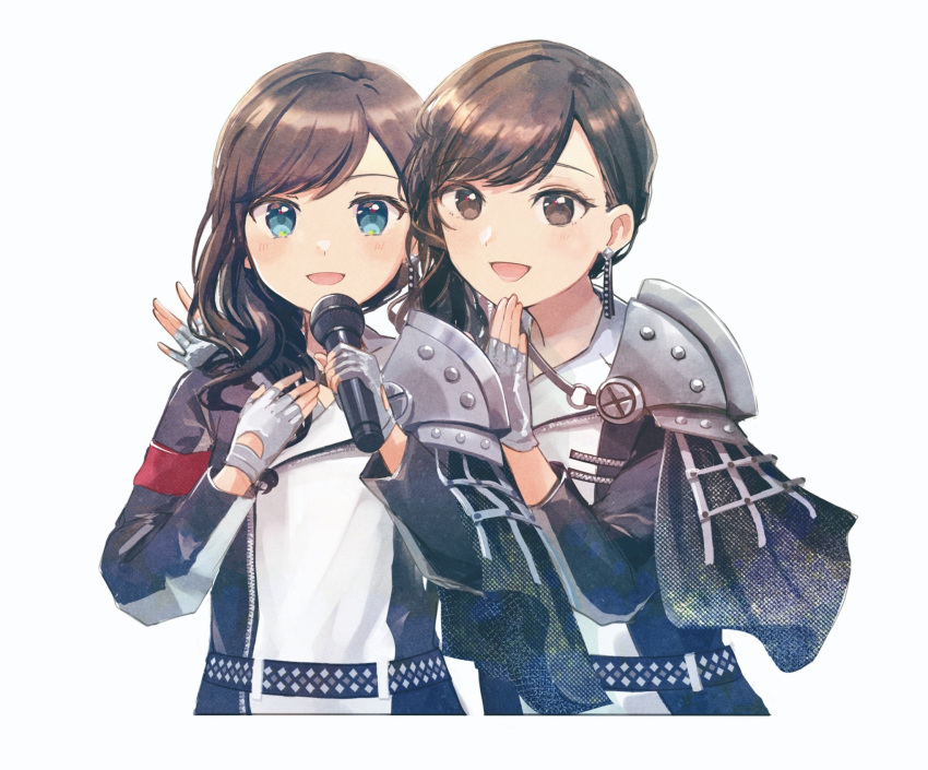 2girls, :d, actor, actor_connection, armor, belt, black_belt, black_capelet