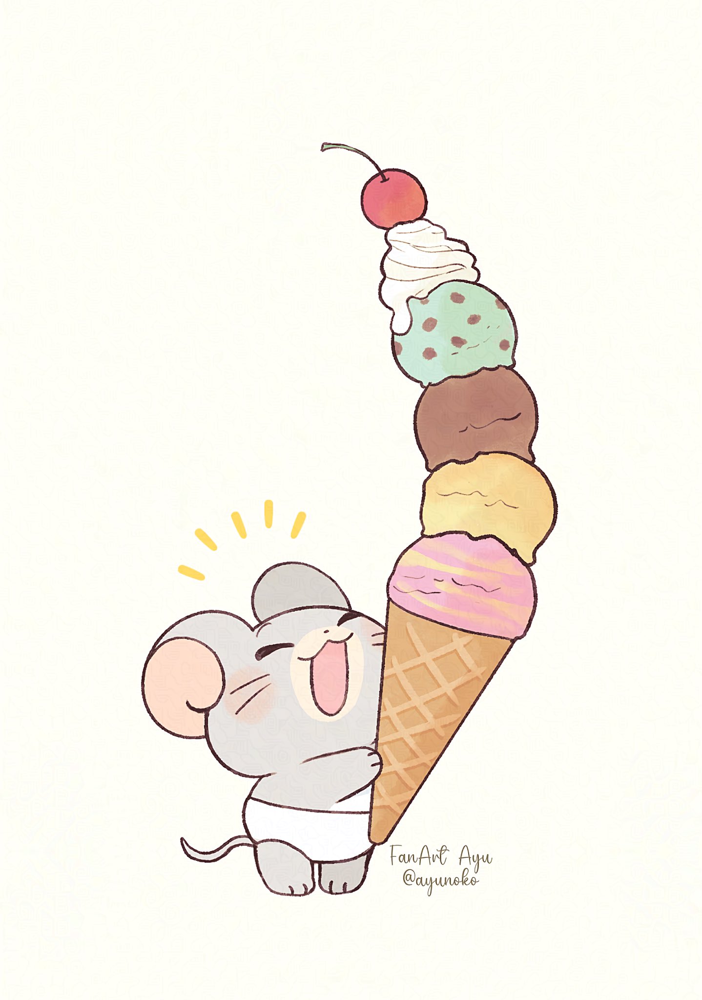 :3, :d, animal, animal_focus, artist_name, ayu_(mog), cherry, closed_eyes, commentary, cream, food, fruit, full_body, happy, highres, holding, holding_food, holding_ice_cream, ice_cream, mouse_(animal), multiple_scoops, nibbles, no_humans, notice_lines, open_mouth, simple_background, smile, solo, standing, tom_and_jerry, twitter_username, white_background