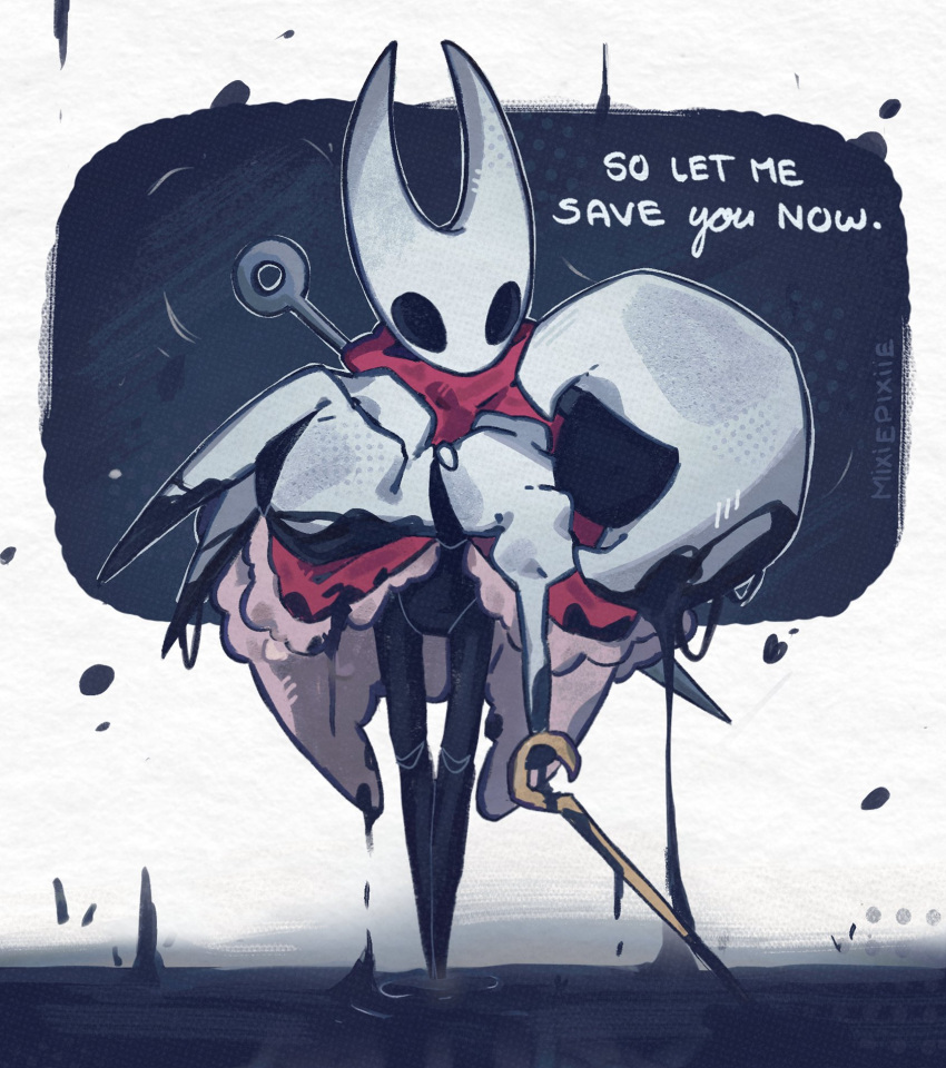 1girl, 2girls, arthropod_girl, artist_name, black_eyes, black_skin, bodysuit, broken_mask, bug, carrying, carrying_person, cloak, colored_skin, commentary, english_commentary, english_text, faceless, firefly, full_body, hat, highres, hollow_eyes, hollow_knight, hollow_knight:_silksong, horned_mask, hornet_(hollow_knight), horns, lace_(hollow_knight), looking_at_another, looking_down, mask, momoiiroo, multiple_girls, needle_(hollow_knight), pin_(hollow_knight), red_cloak, spoilers, standing, weapon, weapon_on_back, white_hat, white_mask