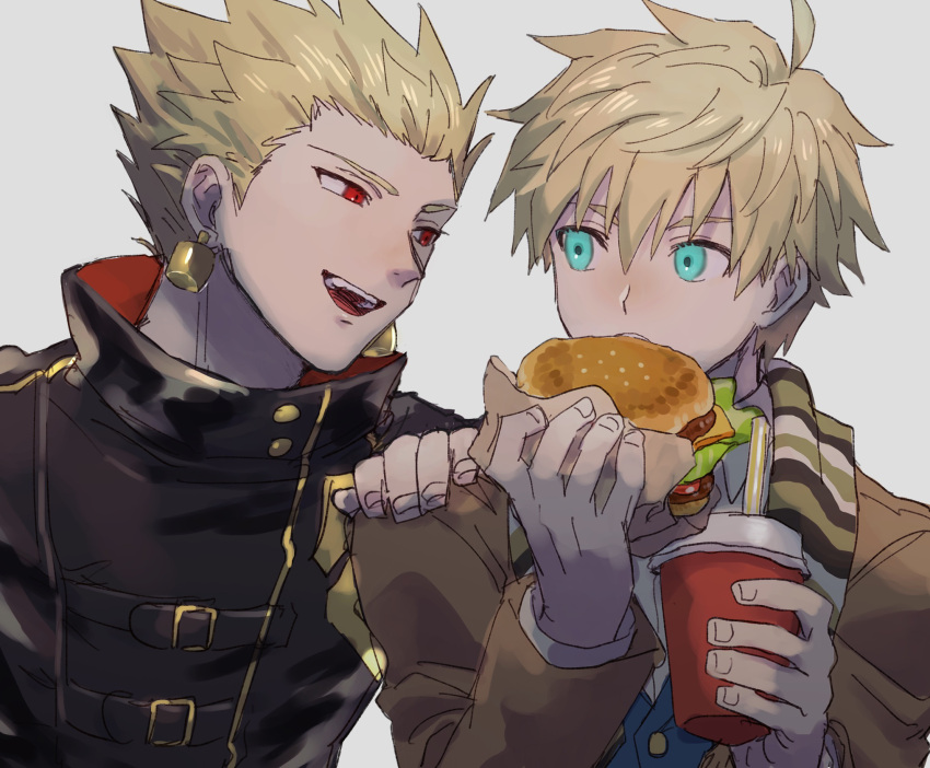 2boys, ahoge, aqua_eyes, arthur_pendragon_(fate), arthur_pendragon_(fgo_fes._2018)_(fate), belt, black_belt, black_jacket