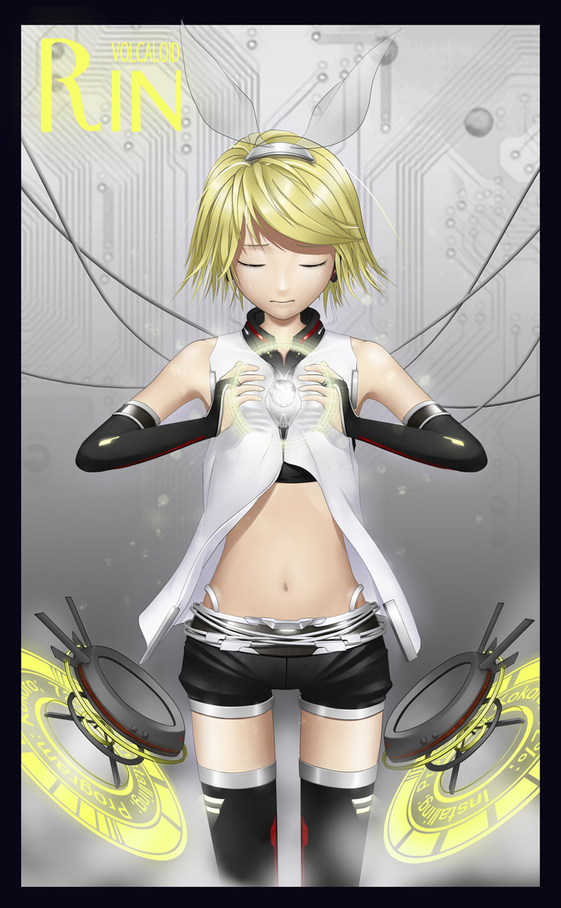 blonde_hair, closed_eyes, eyes_closed, highres, kagamine_rin, kokoro_(vocaloid), midriff, navel, short_hair, short_shorts, shorts, solo, tears, thigh-highs, thighhighs, threeplus, vocaloid