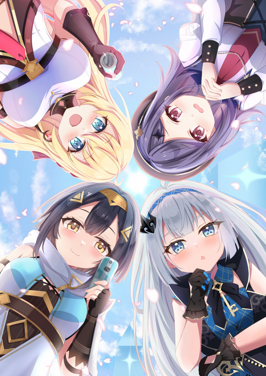 4girls, absurdres, amber_(stella_sora), breasts, commentary_request, female_tyrant_(stella_sora), from_below, highres, iris_(stella_sora), large_breasts, long_hair, looking_at_viewer, looking_down, multicolored_hair, multiple_girls, noya_(stella_sora), outdoors, pointy_ears, ritora_(syrup11g), sky, small_breasts, smile, stella_sora, tyrant_(stella_sora)