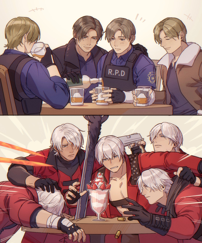 alcohol, black_gloves, black_jacket, brown_jacket, bulletproof_vest, capcom, company_connection, cup