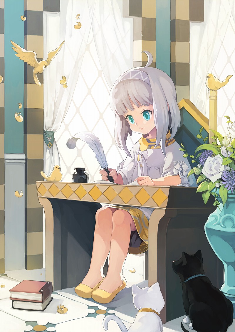 1girl, ahoge, animal_collar, artist_request, bird, black_cat, black_fur, black_tail