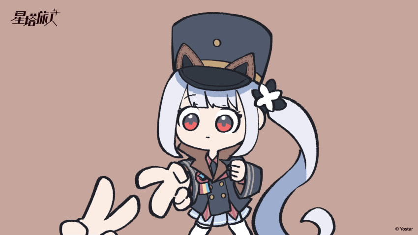 1girl, 1other, animated, animated_gif, black_hat, black_jacket, blue_background, blunt_bangs