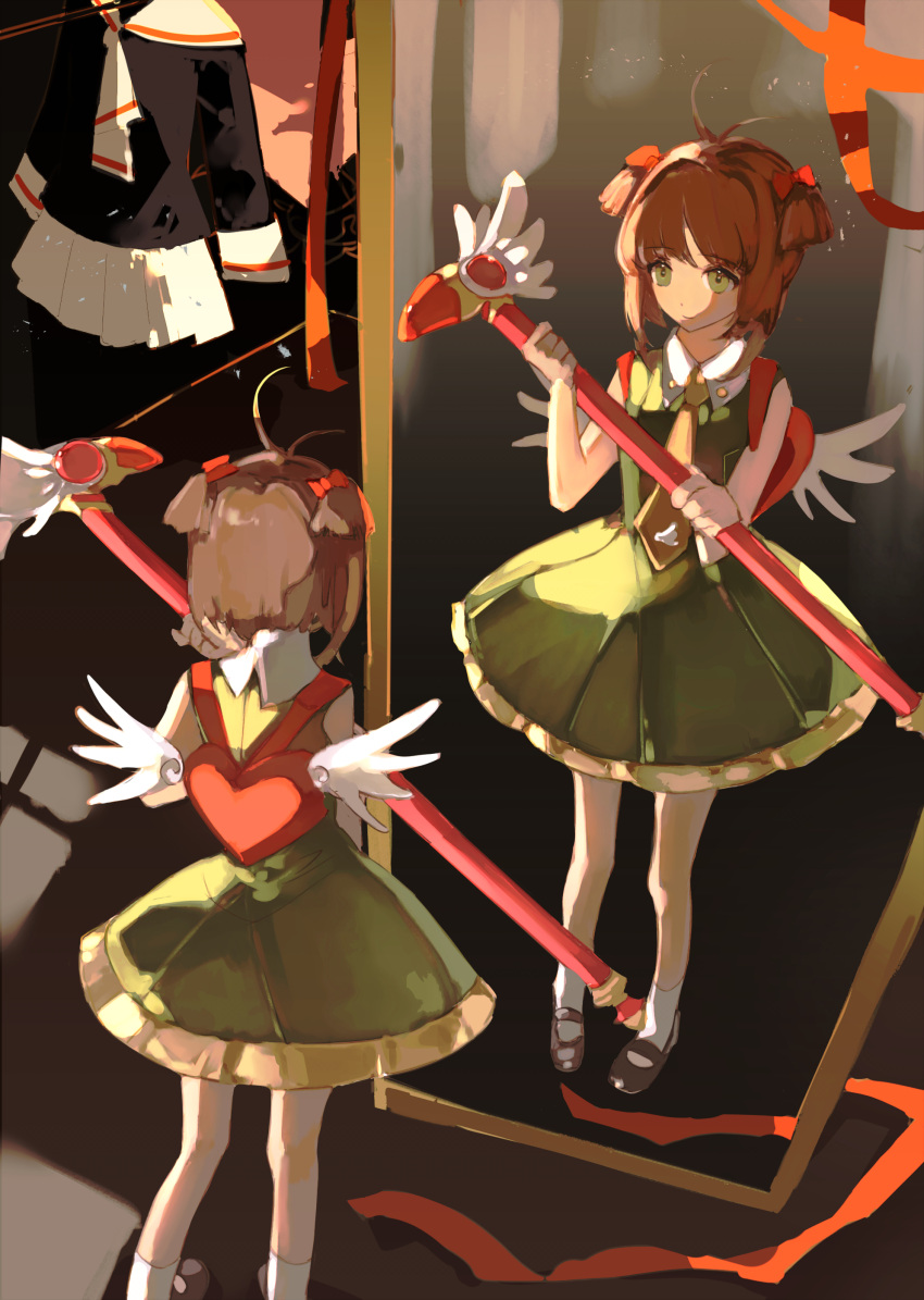 1girl, absurdres, back, bag, blunt_bangs, brown_hair, cardcaptor_sakura, dress