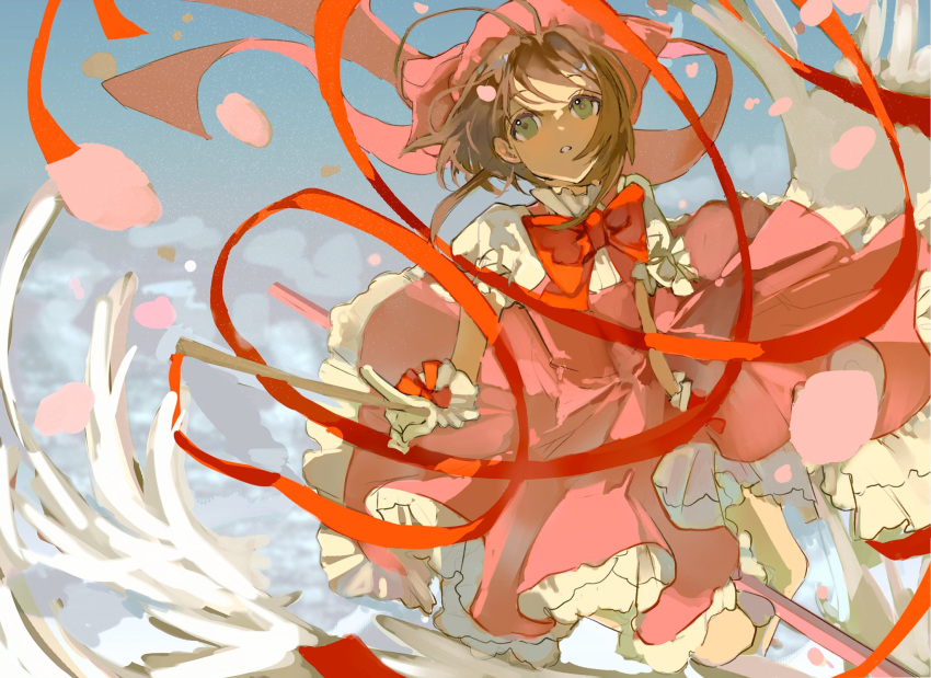 1girl, bow, bowtie, brown_hair, cardcaptor_sakura, dress, frilled_dress, frills, gloves, green_eyes, hair_intakes, hashtag-only_commentary, hat, highres, holding, holding_wand, kinomoto_sakura, kinomoto_sakura_(magician), looking_to_the_side, magical_girl, parted_lips, pink_dress, pink_hat, pink_petals, puffy_short_sleeves, puffy_sleeves, red_bow, red_bowtie, short_sleeves, shru_(ss_sl99), solo, wand, white_gloves