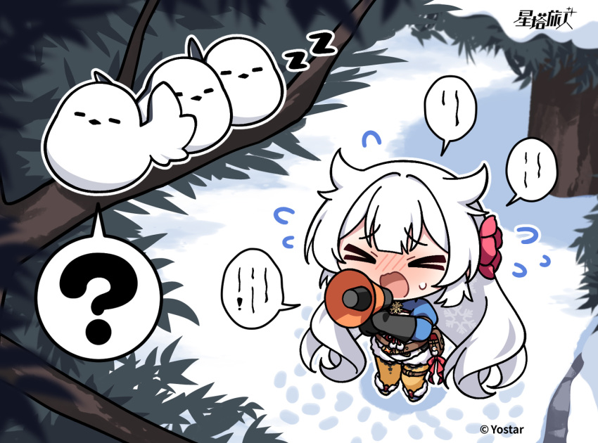 >_<, 1girl, ?, bird, black_gloves, blue_shrug, chibi, chibi_only