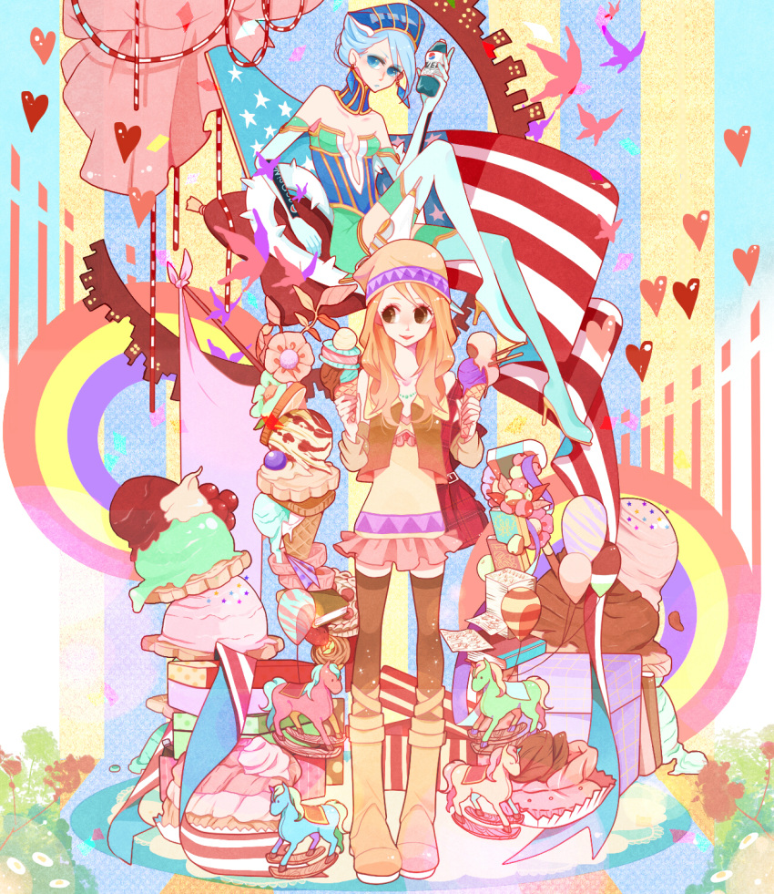 balloon, bare_shoulders, blonde_hair, blue_eyes, blue_hair, blue_rose_(tiger_&amp;_bunny), book, boots