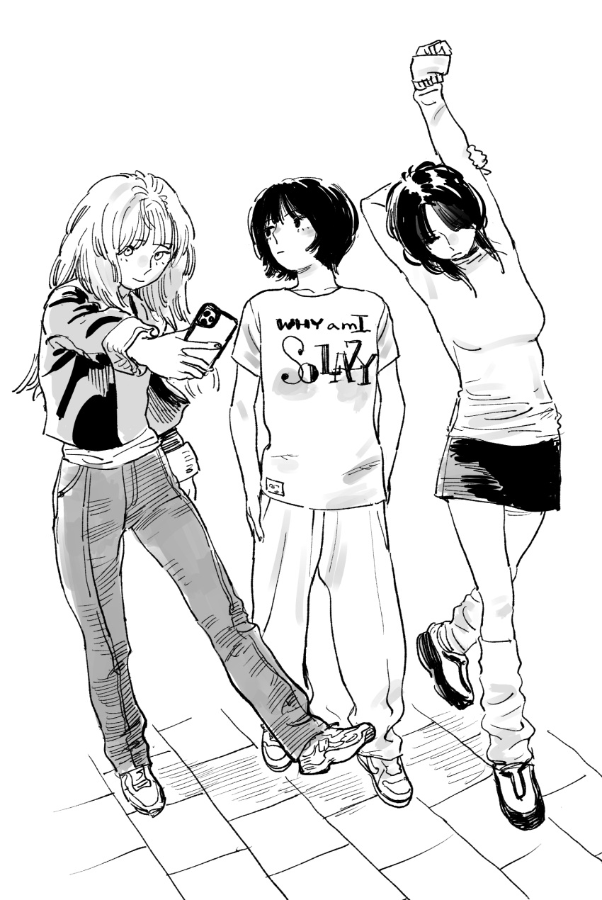 3girls, dray_(meerkat_dray), greyscale, highres, long_hair, monochrome, multiple_girls, original